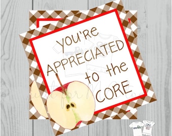 Apple Printable Tags, You're Appreciated to the Core, Instant Download, Fall Tags, Teacher Tags, Teacher Appreciation