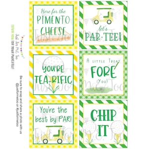 Könnte beinhalten: Vier druckbare Geschenkanhänger mit Golf-Motiv. Die Anhänger sind gelb und grün mit Golf-bezogenen Wortspielen und Bildern. Der Text auf den Anhängern lautet: "Here for the Pimento Cheese", "Let's Par-Tee!", "You're Tea-Rific", "A Little Treat Fore You!", "You're the Best by Par!" und "Chip It!"