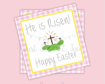 Easter Printable Tags, Instant Download, He is Risen Tags, Square Gift Tags, Teacher Tag, Easter Cross, Treats, School Tag, Church, Pink