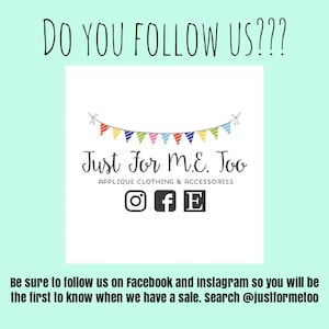 May include: A colorful banner with the text "Just For M.E. Too" and the words "Applique Clothing & Accessories". Social media icons for Instagram, Facebook, and Etsy are below the text.