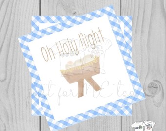 Christmas Printable Tags, Instant Download, Blue Gingham Tags, Square Gift Tags, Oh Holy Night, Baby Jesus, Christmas Tag, Instant Download