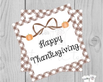 Thanksgiving Printable Tags, Instant Download, Happy Thanksgiving, Pumpkin Bow Gift Tags, Printable, Thanksgiving, Brown Gingham, Bow