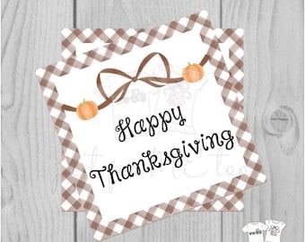 Thanksgiving Printable Tags, Instant Download, Happy Thanksgiving, Pumpkin Bow Gift Tags, Printable, Thanksgiving, Brown Gingham, Bow