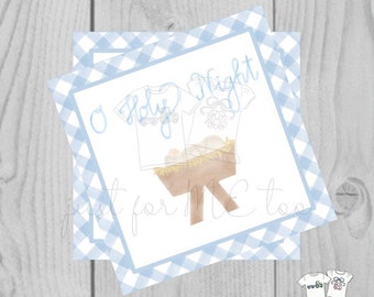 Christmas Printable Tags, Instant Download, Blue Gingham Tags, Square Gift Tags, Oh Holy Night, Baby Jesus, Nativity, Instant Download