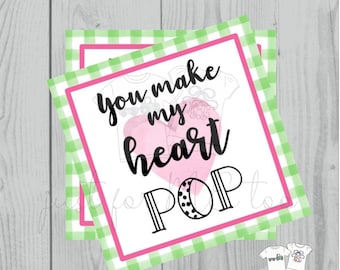 Valentine Printable Tags, Instant Download, Valentine's Day Tags, Square Gift Tags, Classroom Tag, Heart Pop, Ring Pop