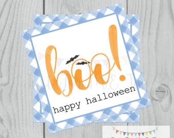 Halloween Printable Tags, Instant Download, Boy Boo Tags, Square Gift Tags, Blue Gingham, Lunchbox, BOO Tag, Printable, Boy Halloween