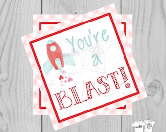 Valentine Printable Tags, Instant Download, Valentine's Day Tags, Square Gift Tags, Classroom Tag, Rocket Tag, Treats, You're a Blast