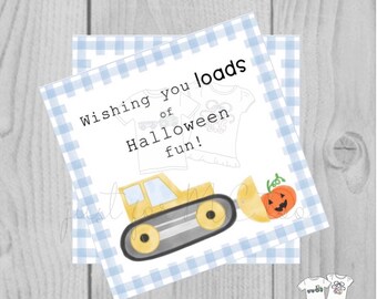 Halloween Printable Tags, Instant Download, Construction Halloween Tags, Square Gift Tag, Gingham, Lunchbox, Printable, Pumpkin Bulldozer