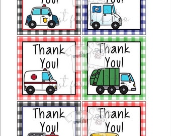 Instant Download Printable Thank You Tags, Police, Fire Truck, Mail, Garbage, School Bus, Community Helpers, Thank you
