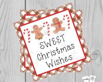 Sweet Christmas Wishes Printable Christmas Tag, Gingerbread Tag, Peppermint, Candy Cane, Baking, Gift Tag, Gifting