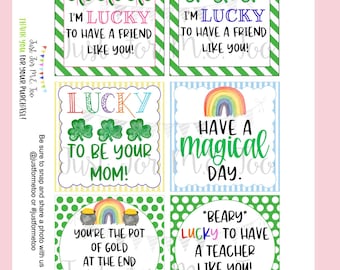 St. Patrick's Day Printable Tags, Instant Download, Friend Tag, Classroom, Shamrock, Treats, Clover, Lucky, Teacher, Lunch Box Tag