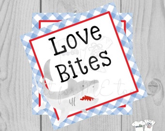 Valentine Printable Tags, Instant Download, Valentine's Day Tags, Square Gift Tags, Classroom Tag, Shark Tag, Treats, Love Bites