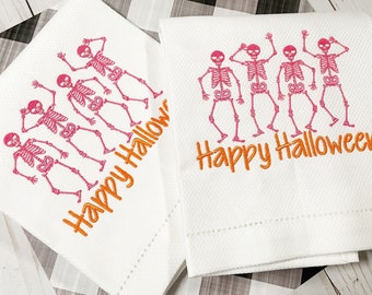 Halloween Embroidered Hand Towel, Decorative Towel, Skeleton Towel, Cotton Hand Towel, Halloween Gift, Dancing Skelton, Pink and Orange