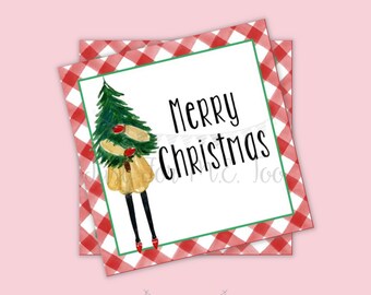 Merry Christmas Printable Tags, Instant Download, Christmas Tag, Gift Tag, Red Christmas Tree Girl