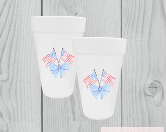 American Flag Bow Styrofoam Cups | Patriotic 16 oz Drinkware | Fourth of July Party Supplies