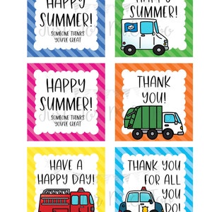 Instant Download Afdrukbare bedanktags, Politie, Brandweerwagen, Post, Vuilnis, Gemeenschapshelpers, Zomer Bedankt, Handelingen van Vriendelijkheid, Zomer