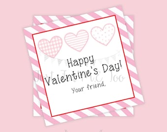 Valentine Printable Tags, Instant Download, Valentine's Day Tags, Square Gift Tags, Classroom Tag, Pink Heart Trio, Happy Valentine's Day