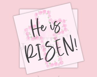 Easter Printable Tags, Instant Download, He is Risen Tags, Square Gift Tags, Teacher Tag, Easter Cross Tag, Treats, School Tag, Church, Pink