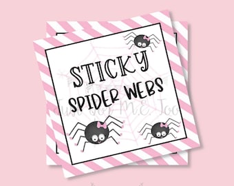 Halloween Printable Tags, Instant Download, Halloween Tags, Square Gift Tags, Lunchbox, Spider Web Tag, Cotton Candy Tag, Spider Tag, Pink