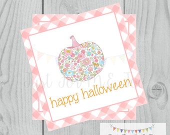 Halloween Printable Tag, Instant Download, Happy Halloween Girl Tags, Square Tags, Pink floral Pumpkin, Printable, Halloween Treats, Gingham