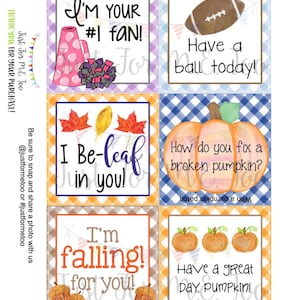 Puede incluir: Conjunto de ocho etiquetas de regalo imprimibles con temática otoñal con varios diseños y refranes otoñales. Las etiquetas presentan un balón de fútbol, calabazas, bellotas y hojas. El texto en las etiquetas incluye "¡Soy tu fan número 1!", "¡Que tengas un buen día!", "¡Creo en ti!", "¿Cómo se arregla una calabaza rota? Con un huerto de calabazas", "¡Me estoy enamorando de ti!" y "¡Que tengas un buen día, Calabaza!"