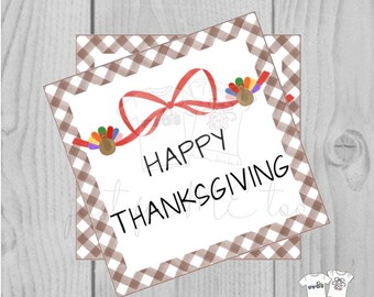Turkey Printable Tags, Instant Download, Happy Thanksgiving, Turkey Bow Gift Tags, Printable, Thanksgiving Printable, Brown Gingham, Bow