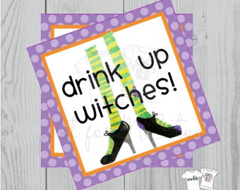 Halloween Printable Tags, Instant Download, Drink up Witches, Square Gift Tags, Witch Feet, Printables, Halloween Pals