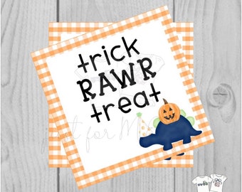 Dinosaur Halloween Printable Tags, Instant Download, Halloween Tags, Square Gift Tags, Classroom Tag, Dinosaur Tag, Treats, Trick Rawr Treat