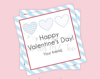 Valentine Printable Tags, Instant Download, Valentine's Day Tags, Square Gift Tags, Classroom Tag, Blue Heart Trio, Happy Valentine's Day