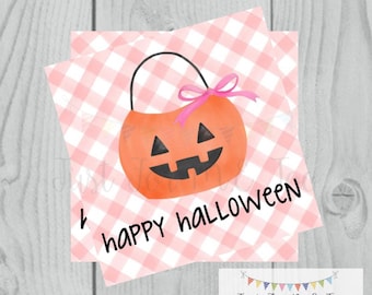 Halloween Printable Tags, Instant Download, Happy Halloween Girl Tags, Square Gift Tags, Pink Gingham, Printable, Halloween Treats, pumpkin