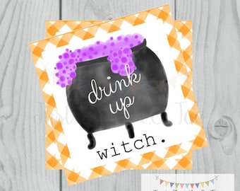 Halloween Printable Tags, Instant Download, Drink up Witches, Square Gift Tags, Witch Cauldron, Printable, Happy Halloween