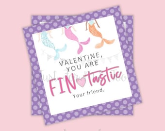 Valentine Digital Download Tag, Valentine Gift Tag, Mermaid Tag, Girl Valentine Tag, Printable Tag, FIN-tastic, Mermaid