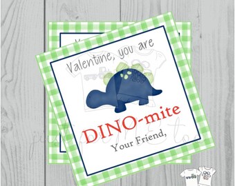 Valentine Printable Tags, Instant Download, Valentine's Day Tags, Square Gift Tags, Classroom Tag, Dinosaur Tag, Treats