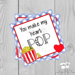 バレンタインの印刷可能なタグ、即時ダウンロード、バレンタインデーのタグ、正方形のギフトタグ、教室のタグ、ポップコーンのタグ、おやつ、ハートポップ