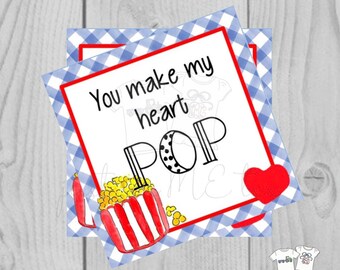 Valentine Printable Tags, Instant Download, Valentine's Day Tags, Square Gift Tags, Classroom Tag, Popcorn Tag, Treats, Heart Pop