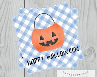 Halloween Printable Tags, Instant Download, Happy Halloween Boy Tags, Square Gift Tags, Blue Gingham, Printable, Halloween Treats, pumpkin