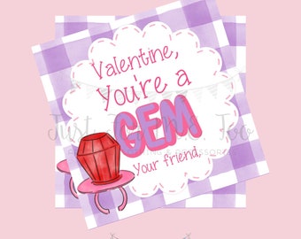 Valentine Printable Tags, Digital Download, You're a Gem, Girl's Valentine, Valentine Tag, Ring, Ring Pop, Classroom Valen