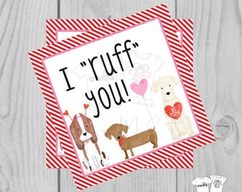 Valentine Printable Tags, Instant Download, Valentine's Day Tags, Square Gift Tags, Classroom Tag, Dog Tag, Treats, I Ruff You