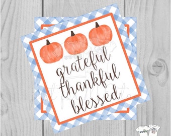 Thanksgiving Printable Tags, Instant Download, Grateful Thankful Blessed, Pumpkin Gift Tags, Printable, Thanksgiving, Blue Gingham