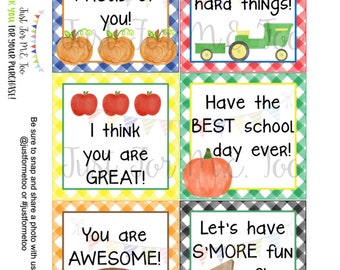 Fall Lunchbox Notes Printable Tags, September, Fall School Tags, School Tags, Lunchbox Notes, Digital Download, Pumpkin, Football, Cheer