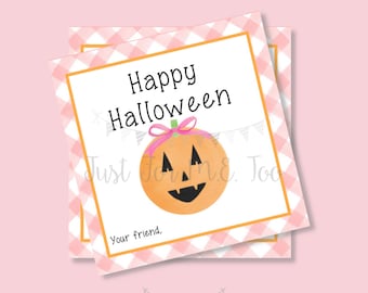 Halloween Printable Tags, Instant Download, Happy Halloween Girl Tags, Square Gift Tags, Pink Gingham, Printable, Halloween Treats, pumpkin