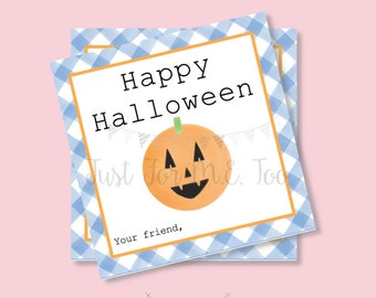 Halloween Printable Tags, Instant Download, Happy Halloween Boy Tags, Square Gift Tags, Blue Gingham, Printable, Halloween Treats, pumpkin