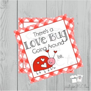 May include: A red and white gingham patterned card with a black and white illustration of a ladybug with hearts. The text on the card reads "There's a Love Bug Going Around" and "love,".