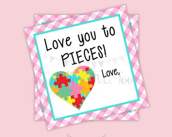 Valentine Printable Tags, Instant Download, Valentine's Day Tags, Heart Tags, Classroom Tag, Puzzle Tag, Treats, Love You to Pieces, Pink