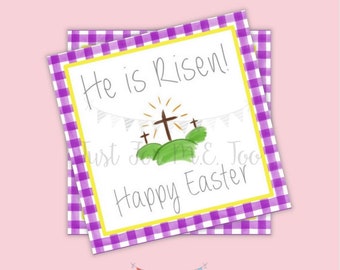 Easter Printable Tags, Instant Download, He is Risen Tags, Square Gift Tags, Teacher Tag, Easter Cross, Treats, School Tag, Church, Purple