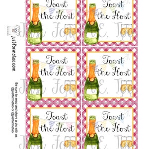 May include: Six printable square cards with a red and white checkered background. Each card features a watercolor illustration of a champagne bottle and two champagne glasses. The text "Toast the Host" is printed in black on each card.