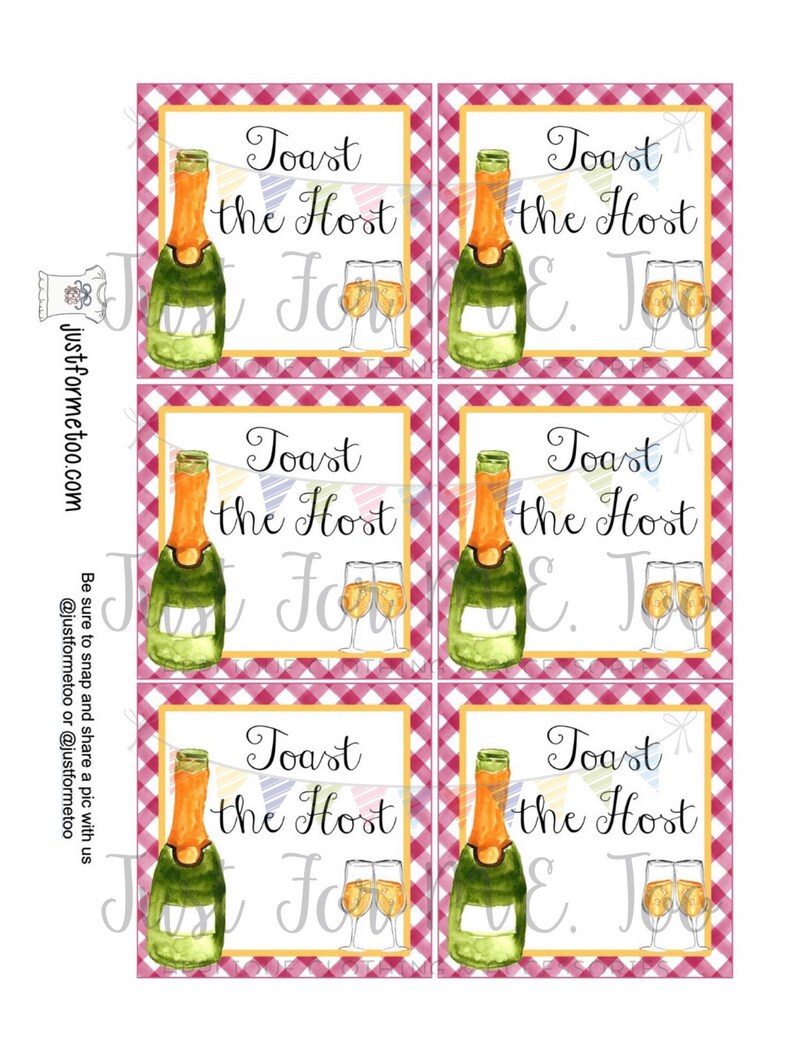 May include: Six printable square cards with a red and white checkered background. Each card features a watercolor illustration of a champagne bottle and two champagne glasses. The text "Toast the Host" is printed in black on each card.