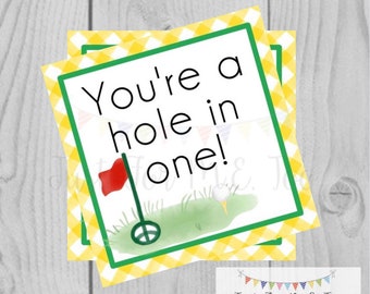 Printable Tags, Instant Download, Golf Tags, You're a Hole in One Tags, Square Gift Tags, Classroom Tag, Gold, Hole in One, Sports