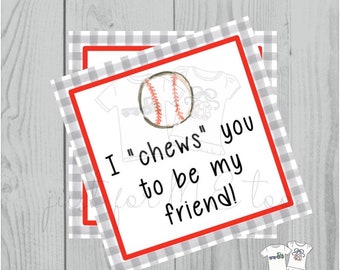 Valentine Printable Tags, Instant Download, Valentine's Day Tags, Square Gift Tags, Classroom Tag, Baseball Tag, I Chews You