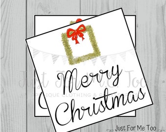Merry Christmas with Wreath Printable Tags, Instant Download, Christmas Tags, Square Gift Tags, Merry Christmas, Lunchbox, Printables